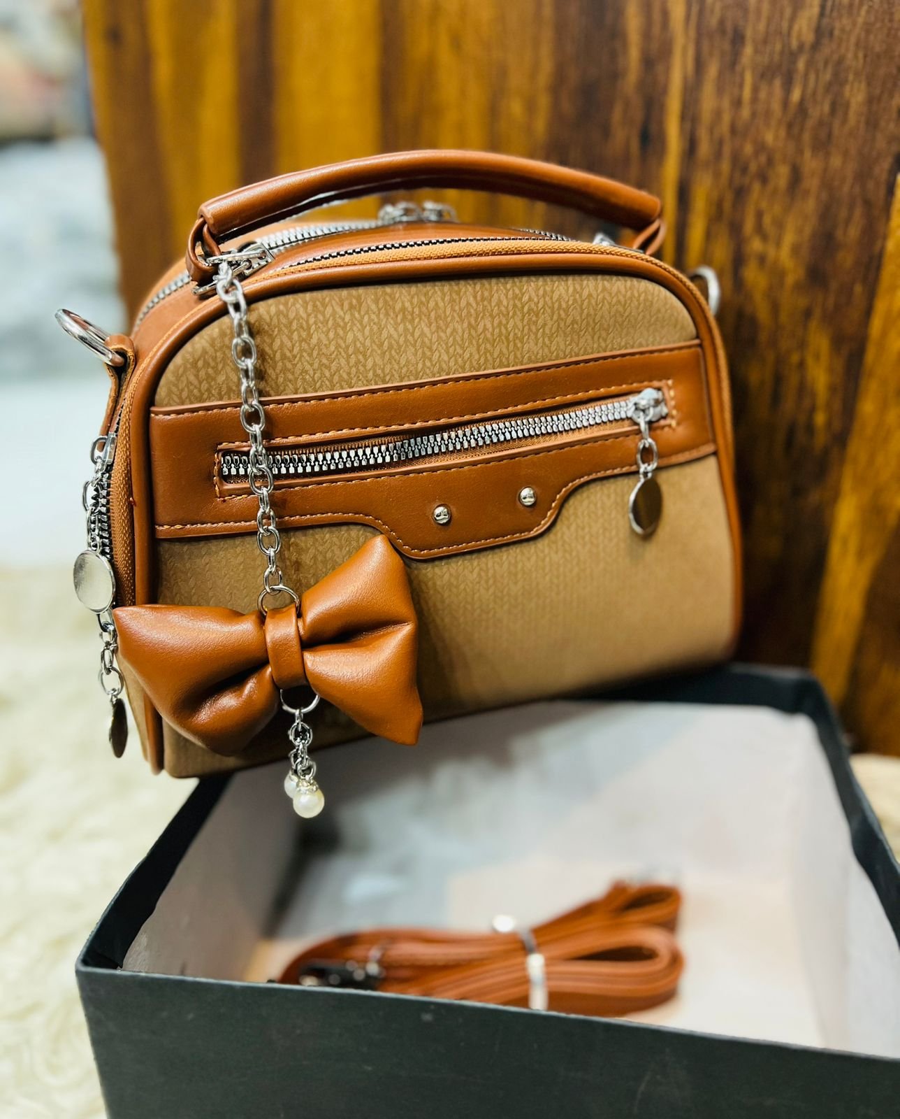 Bow-Accent Multi-Zip Handbag