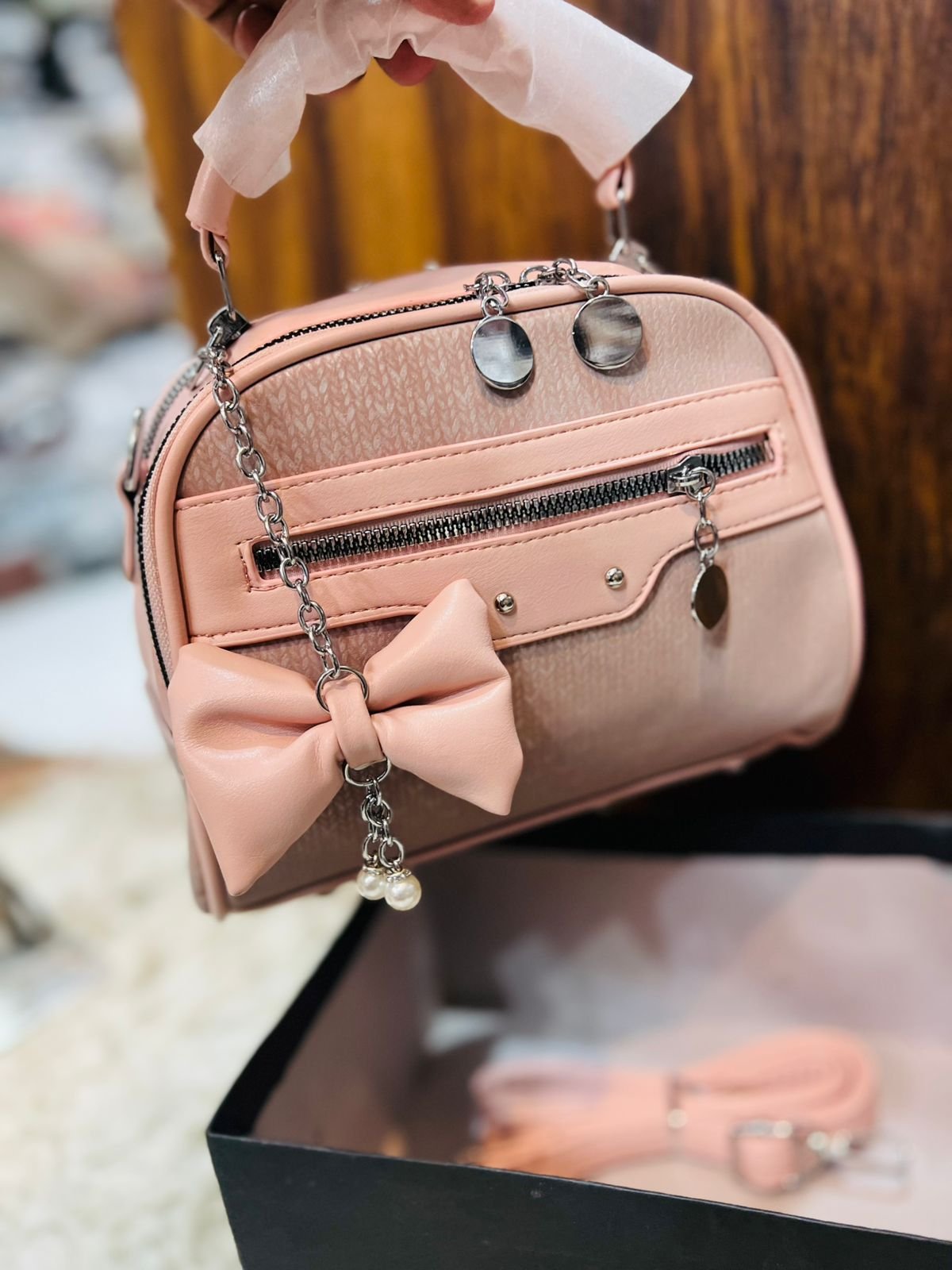 Bow-Accent Multi-Zip Handbag