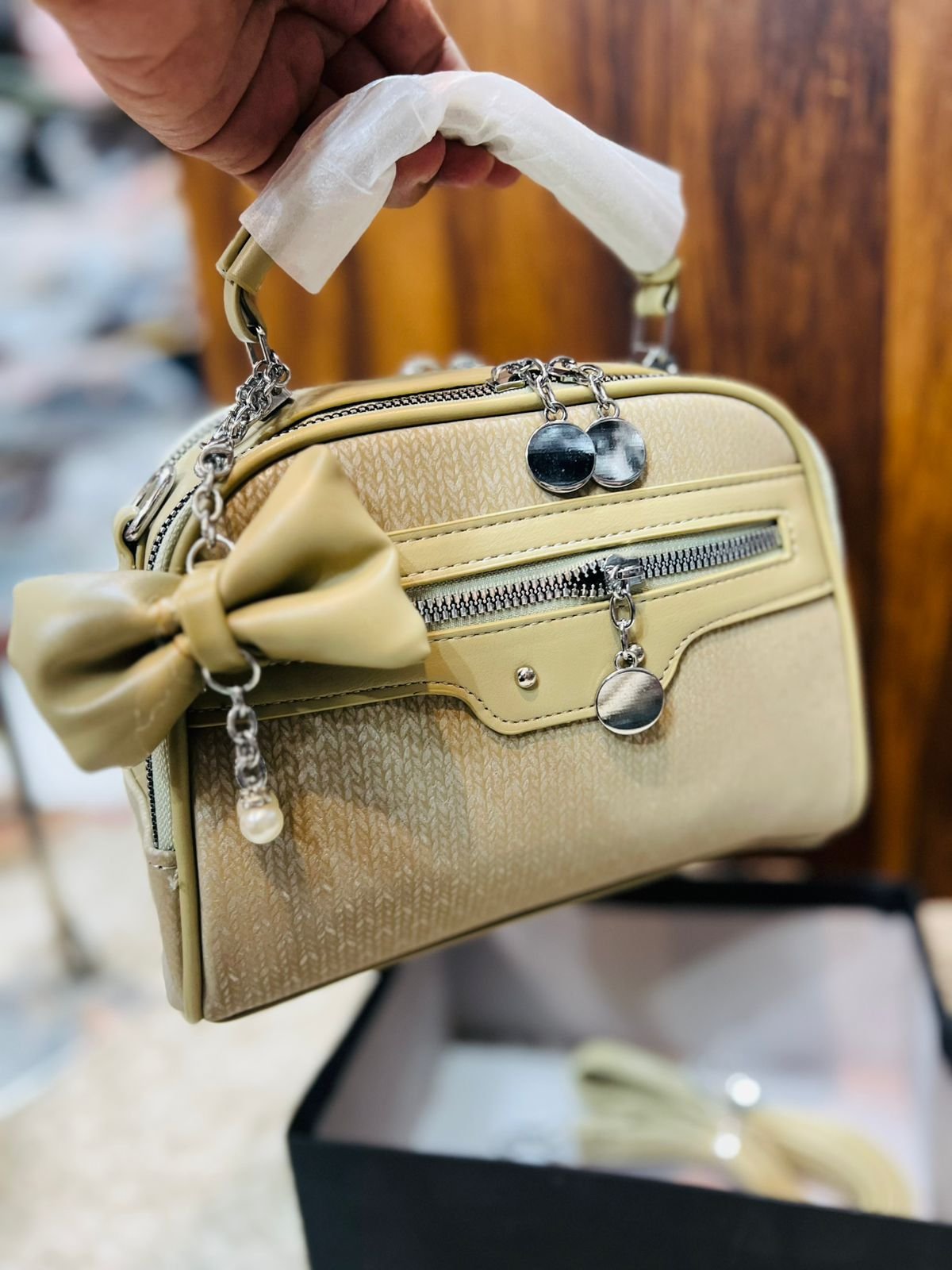 Bow-Accent Multi-Zip Handbag