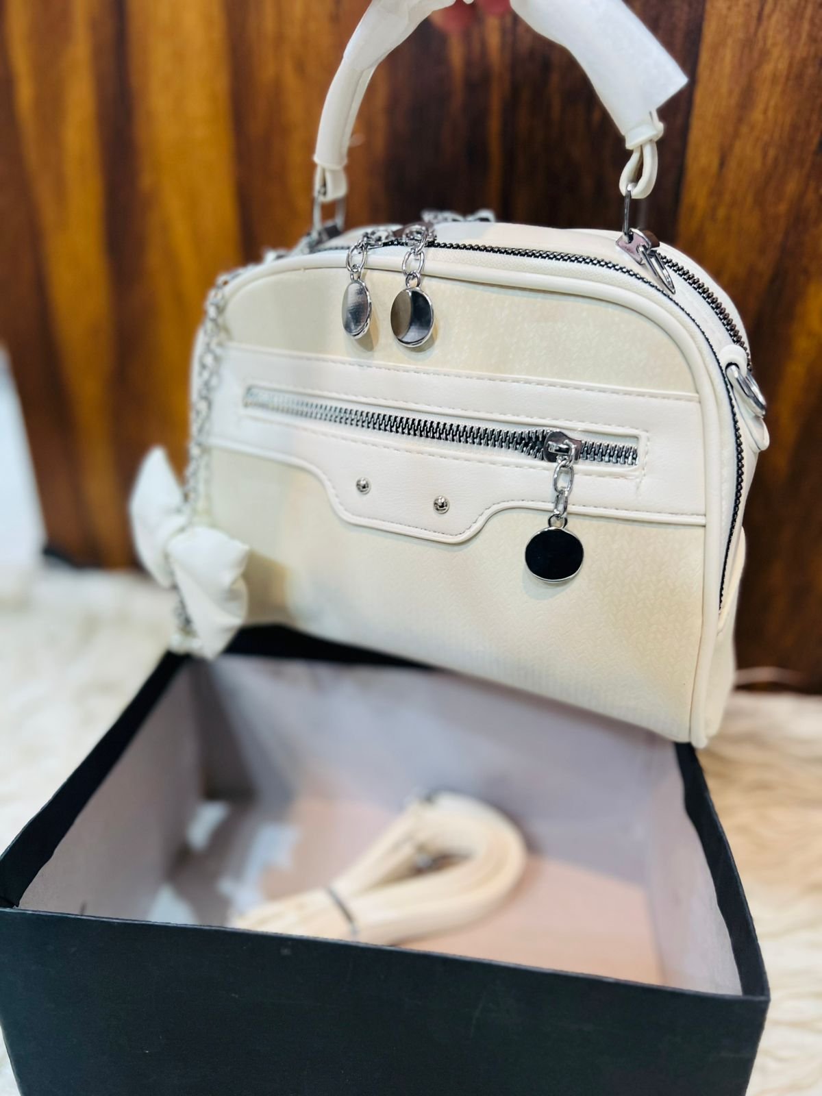 Bow-Accent Multi-Zip Handbag